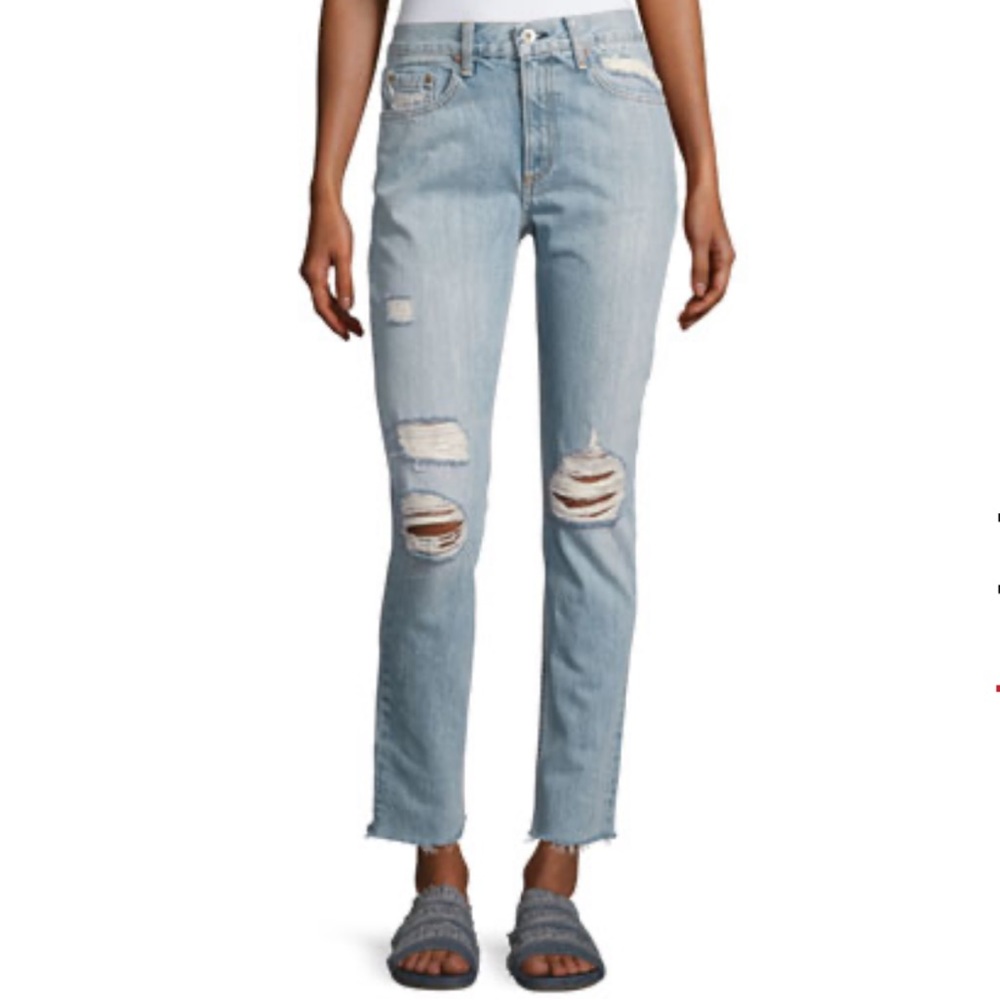 rag & bone Marilyn Distressed Straight Leg Raw Hem Crop Jeans Light Blue 31 NWT